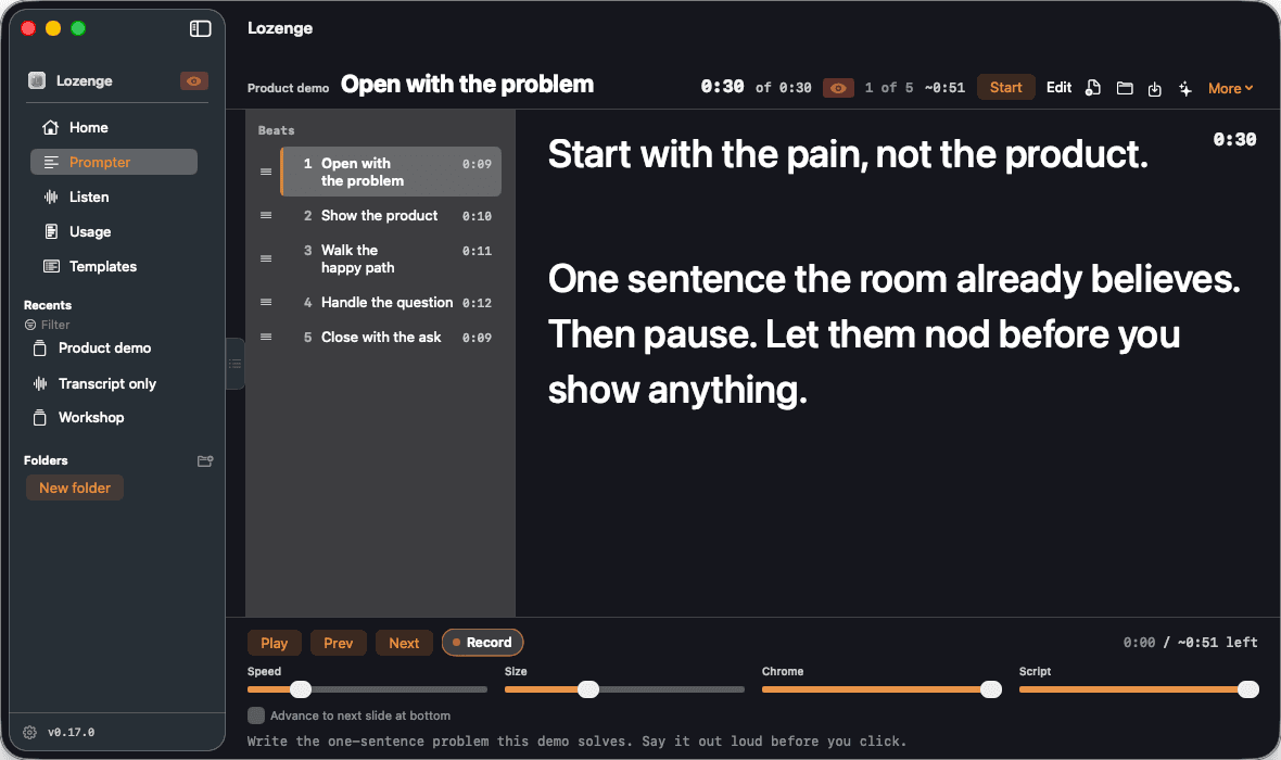The Lozenge prompter. A beat outline on the left lists five beats with timings, and the current beat's script is set large beside it.