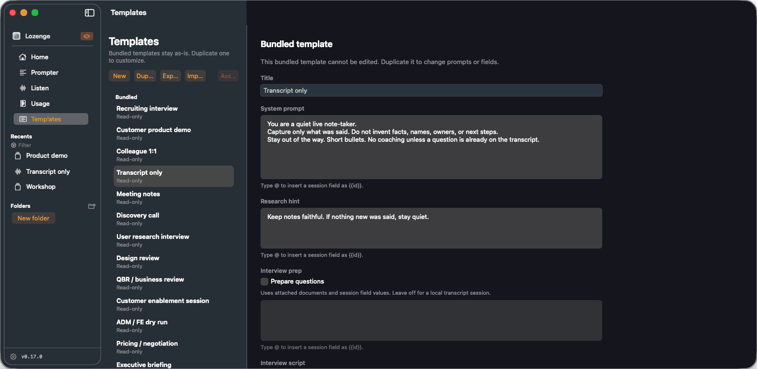 The Lozenge templates editor. A list of bundled templates on the left, and the system prompt for the selected one on the right, reading: you are a quiet live note-taker, capture only what was said, stay out of the way.