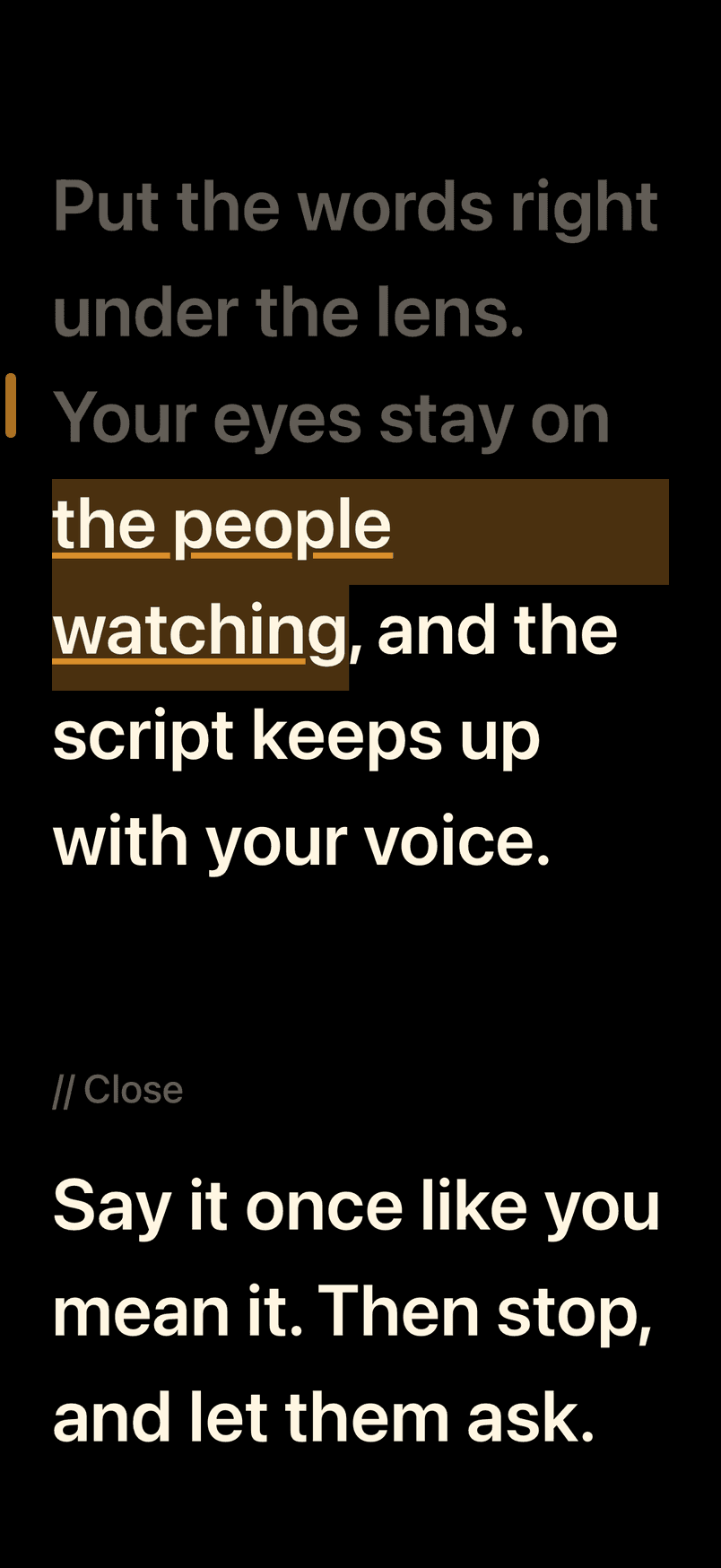 Lozenge Companion on an iPhone, following a script as it is read aloud. The words already said have dimmed, and the phrase being said, the people watching, is highlighted on the reading line.